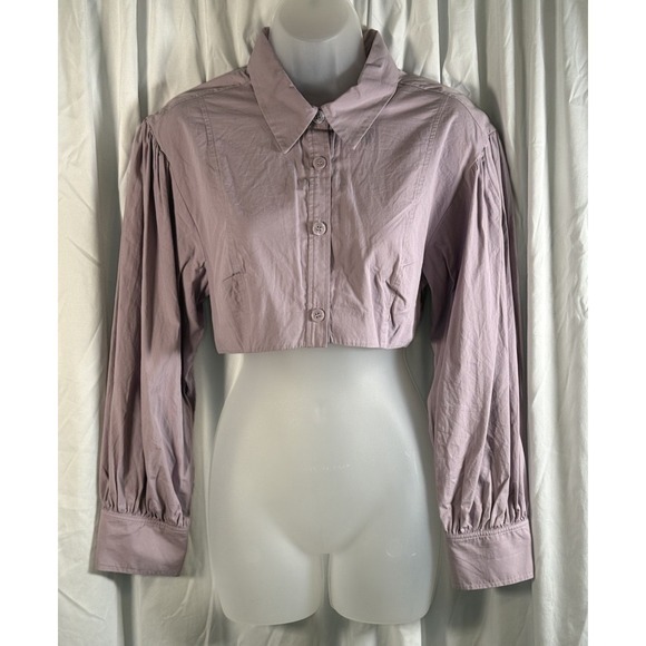 ZARA Cropped Button Up Shirt Puff Sleeve Lilac Purple L Y2K Streetwear‎ 84-03 - Picture 2 of 9